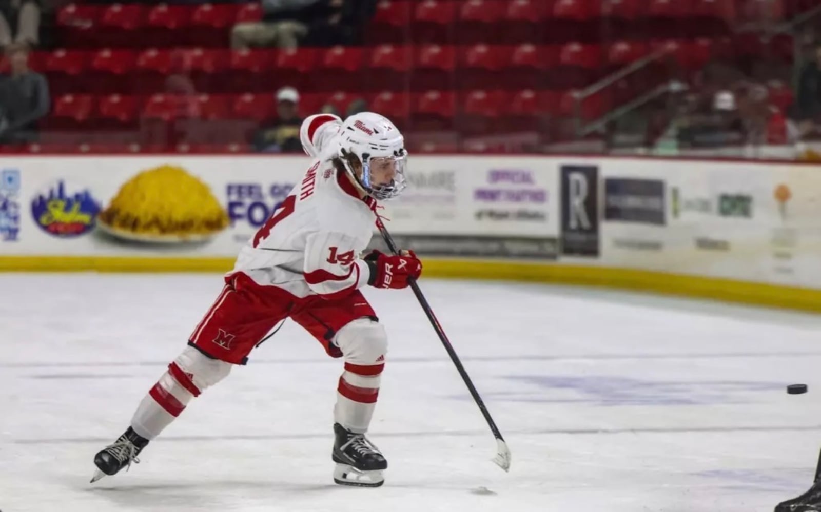 Miami’s Ryan Smith sends a shot to the net against Colorado College on Saturday at Goggin Ice Arena. LIV KAKABEEKE / CONTRIBUTED
