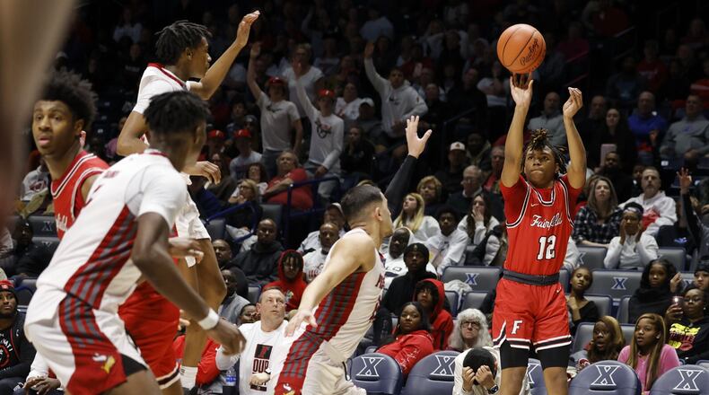 Fairfield's Michael Lewis hits a three-point basket during their Division I regional semifinal basketball game against Princeton Wednesday, March 8, 2023 at Xavier University's Cintas Center. Fairfield won 51-45. NICK GRAHAM/STAFF