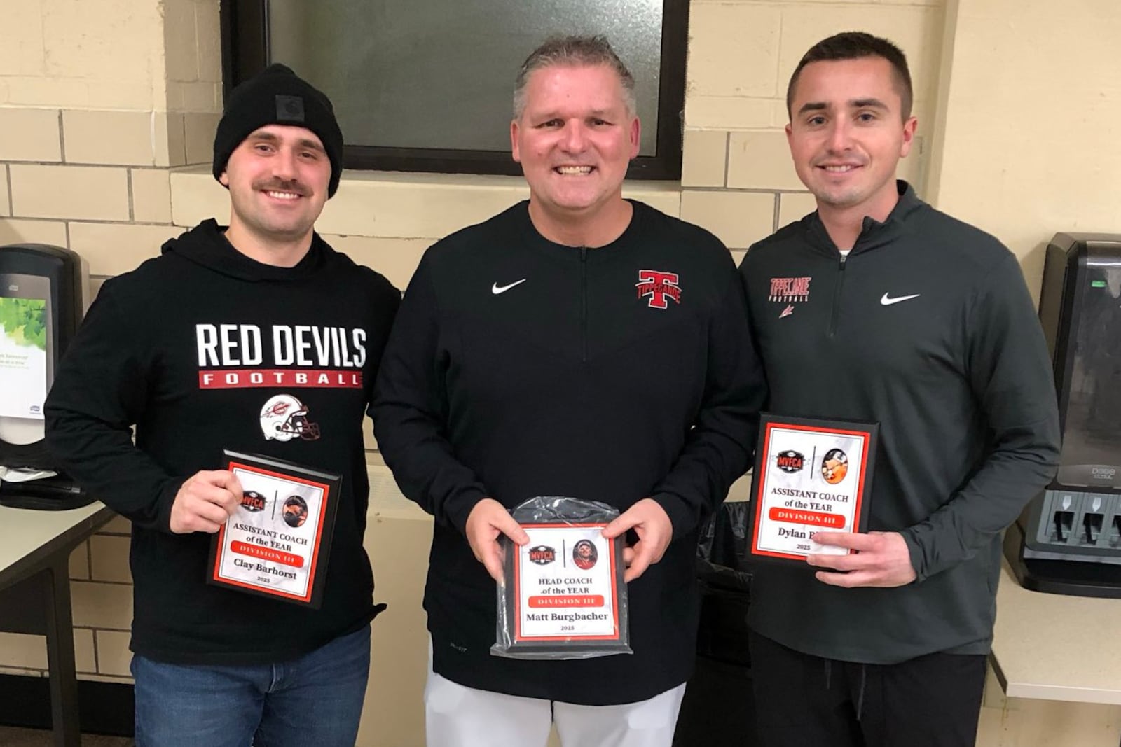 Tippecanoe head coach Matt Burgbacjer is the MVFCA Coach of the Year in D-III, and had assistants Clay Barhorst and Dylan Blair also honored. CONTRIBUTED MVFCA