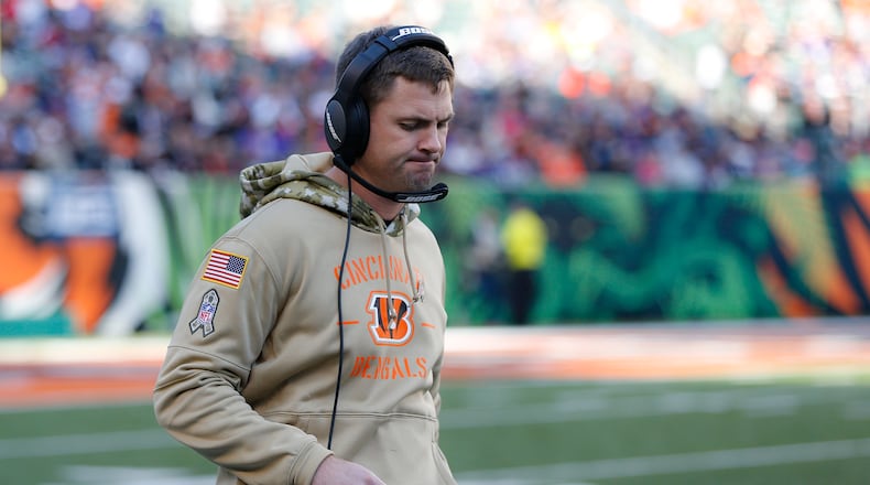 Cincinnati Bengals head coach Zac Taylor works the sidelines during the second half of NFL football game against the Baltimore Ravens, Sunday, Nov. 10, 2019, in Cincinnati. (AP Photo/Frank Victores)