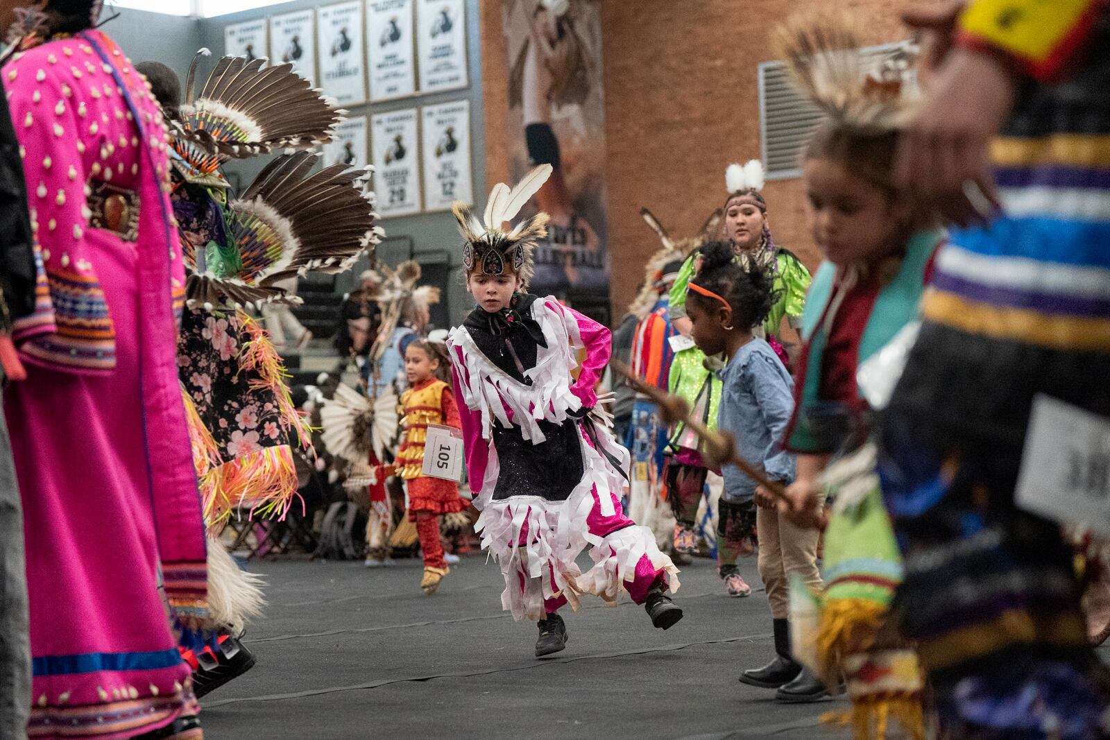 People participate during the BraveNation Powwow and Gather at UNC Pembroke, Saturday, March 22, 2025, in Pembroke, N.C. (AP Photo/Allison Joyce)