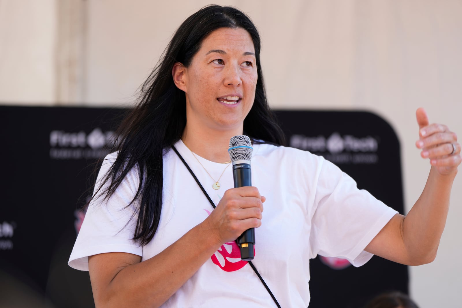 Former WNBA Player Lindsey Yamasaki speaks during a launch event announcing Portland Fire as the name of Portland's WNBA basketball franchise at the Moda Center on Tuesday, July 15, 2025, in Portland, Ore. (AP Photo/Jenny Kane)