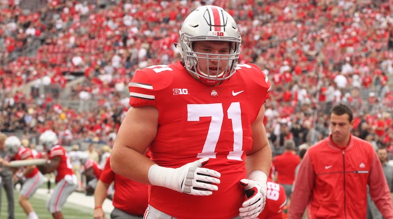 Ohio State’s Josh Myers warms up before a game against Army on Saturday, Sept. 16, 2017, at Ohio Stadium.