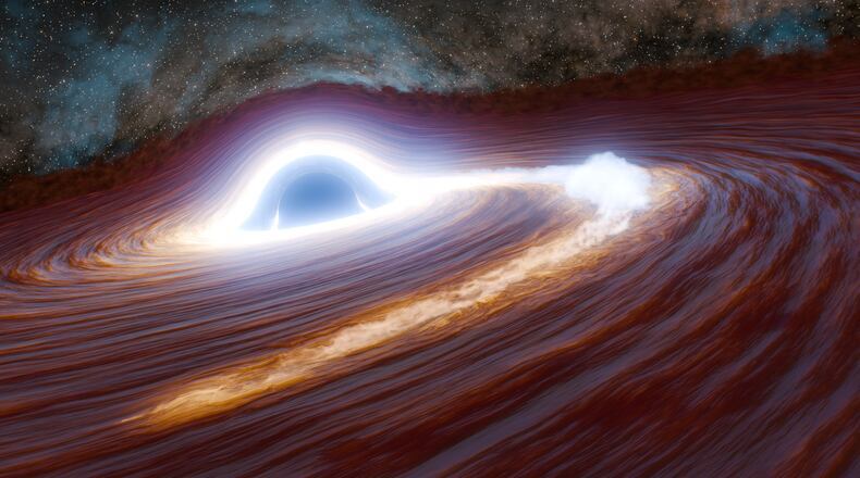 This illustration provided by Caltech shows a supermassive black hole shredding a large star to pieces, leading to a bright flare. (Robert Hurt, Caltech (IPAC) via AP)