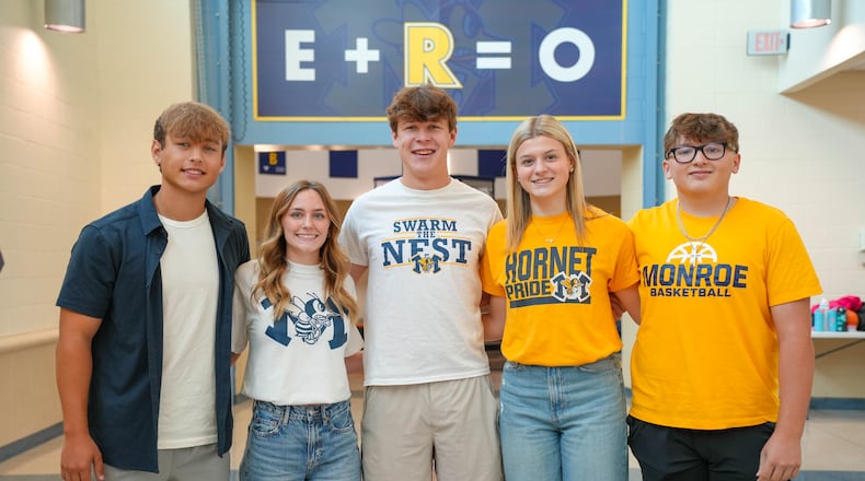 Former Monroe Schools classmates of Madison Smallwood, who died of cancer in 2019, honored her legacy with a T-shirt fundraiser generating money to battle the disease. From left to right: Kayden Merritt, Aubrey Sellman, Drew Heagen, Olivia Weiseman and Christian LeMieux. (Contributed/Journal-News)