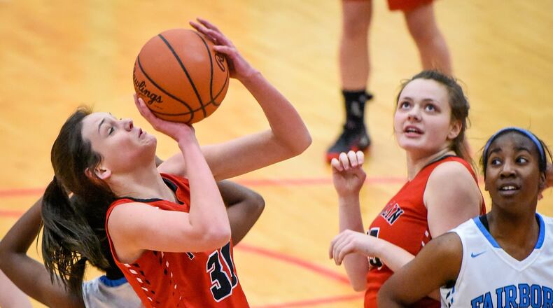 Franklin’s Layne Ferrell puts up a shot during a Division I sectional game against Fairborn on Feb. 20 at Troy. NICK GRAHAM/STAFF