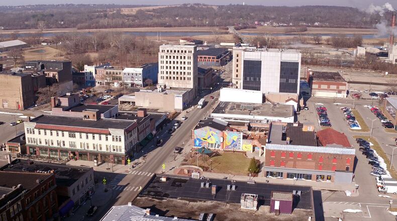 Aerial view of downtown Middletown looking west along Central Avenue. Middletown City Council are prioritizing how to use about $1.2 million in projected discretionary spending in the 2020 city budget. TY GREENLEES/STAFF
