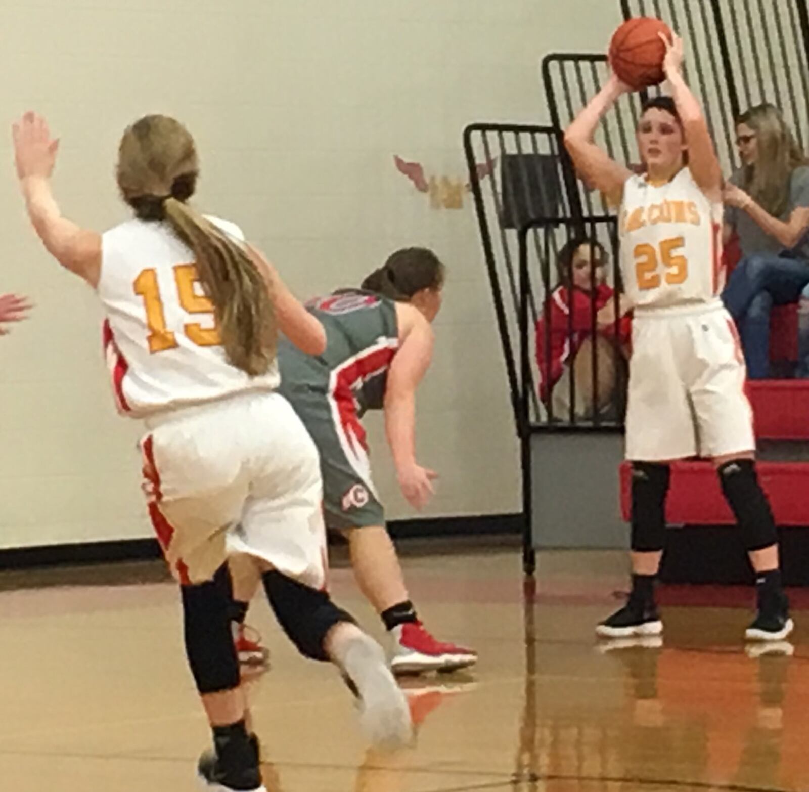 Fenwick’s Kaitlynn Anzel (25) prepares to throw a pass to teammate Hannah Beckman (15) as Carlisle’s Katelynn Moore defends Jan. 24 at Fenwick. RICK CASSANO/STAFF