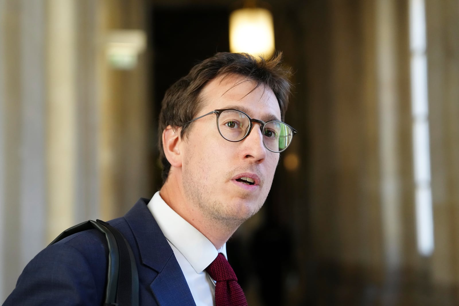 Gabriel Dumenil,a lawyer of Yunice Abbas, one of the men accused in the 2016 armed robbery of Kim Kardashian, arrives at the palace of justice Monday, April 28, 2025 in Paris. (AP Photo/Aurelien Morissard)