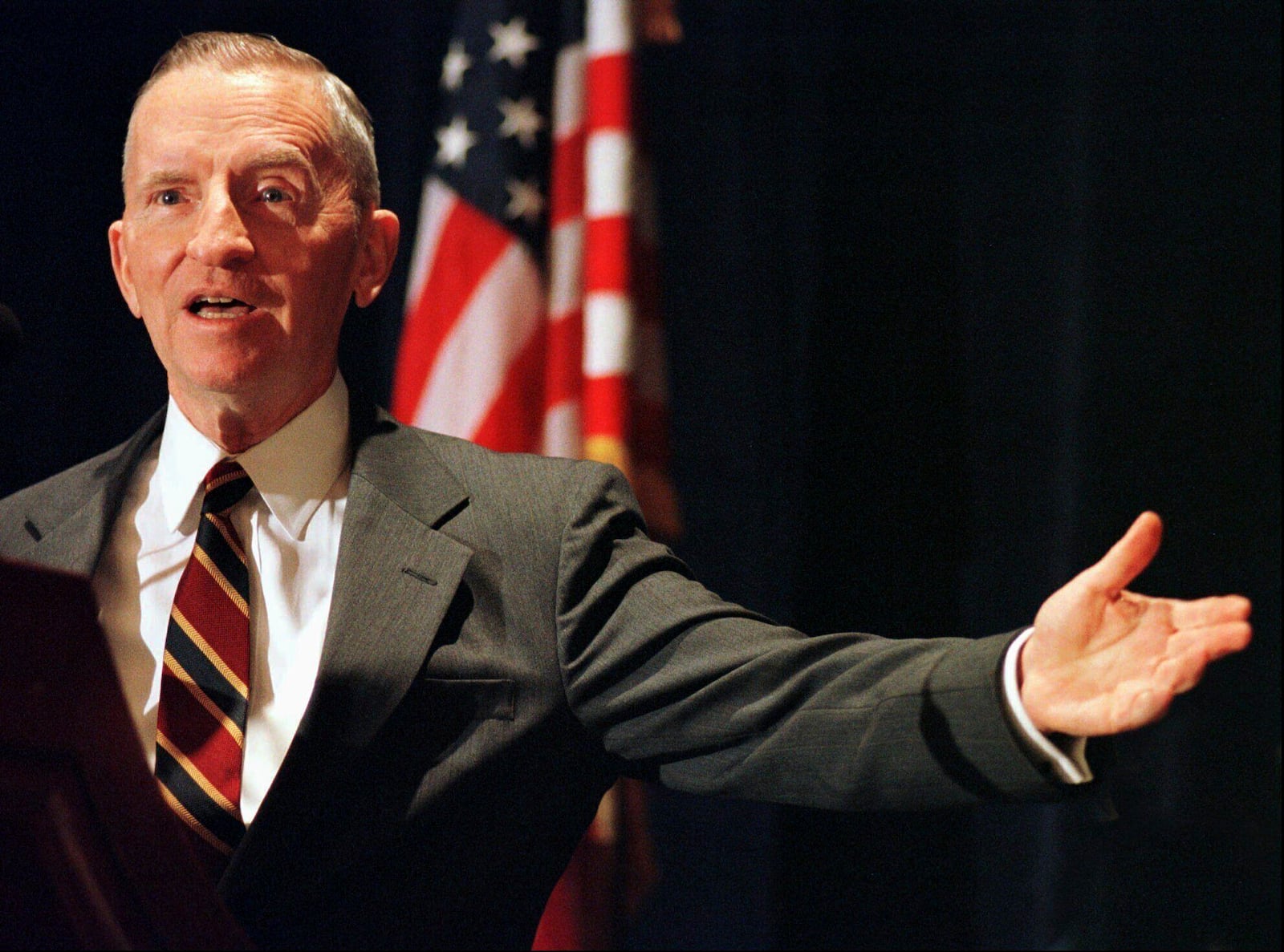 FILE - Ross Perot gestures during a media conference, Nov. 5, 1997, in San Francisco. (AP Photo/Ben Margot, File)