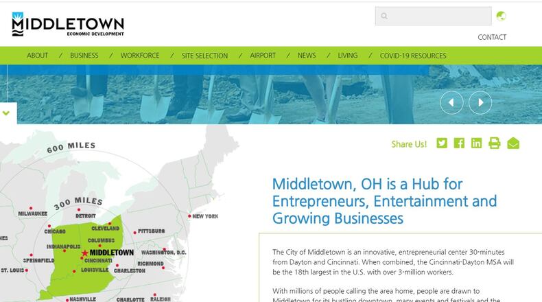 A screenshot of the new microsite for the Middletown Economic Development Department to be a resource of information for developers, site selectors, real estate brokers and businesses interested in what the city has to offer. FILE PHOTO