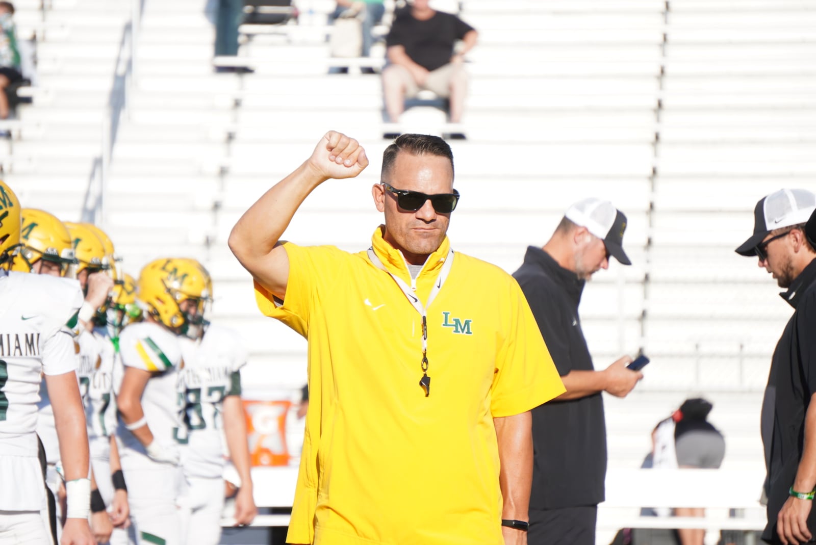 Nate Mahon,  pictured here at a pregame scrimmage before Little Miami's season-opener, is back on the Little Miami sidelines for his second stint as head coach of the football program. CHRIS VOGT / CONTRIBUTED