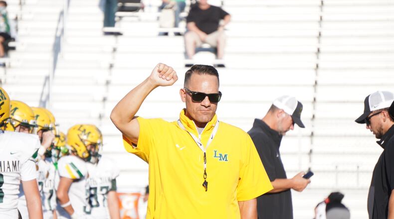 Nate Mahon,  pictured here at a pregame scrimmage before Little Miami's season-opener, is back on the Little Miami sidelines for his second stint as head coach of the football program. CHRIS VOGT / CONTRIBUTED