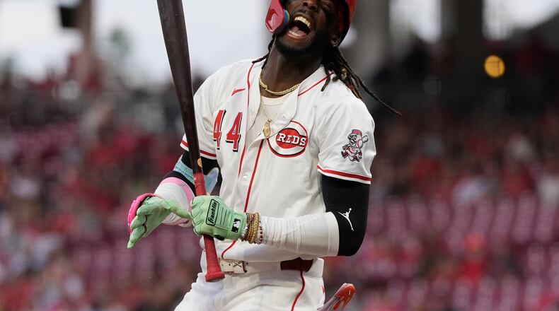 Cincinnati Reds' Elly De La Cruz reacts after flying out during the first inning of a baseball game against the Miami Marlins in Cincinnati, Monday, July 7, 2025. (AP Photo/Carolyn Kaster)