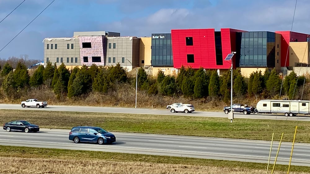 The most visible of all of Butler Tech’s area campuses is about to double in size as work on a $12.7 million expansion nears completion. Standing on a hilltop next to the busy Interstate 75 and Dayton-Cincinnati Road interchange in West Chester Twp., Butler Tech’s brightly colored Bioscience Center is now scheduled to open to hundreds of more students next month, officials from Butler County’s career school system said this week. (Photo By Michael D. Clark/Journal-News)