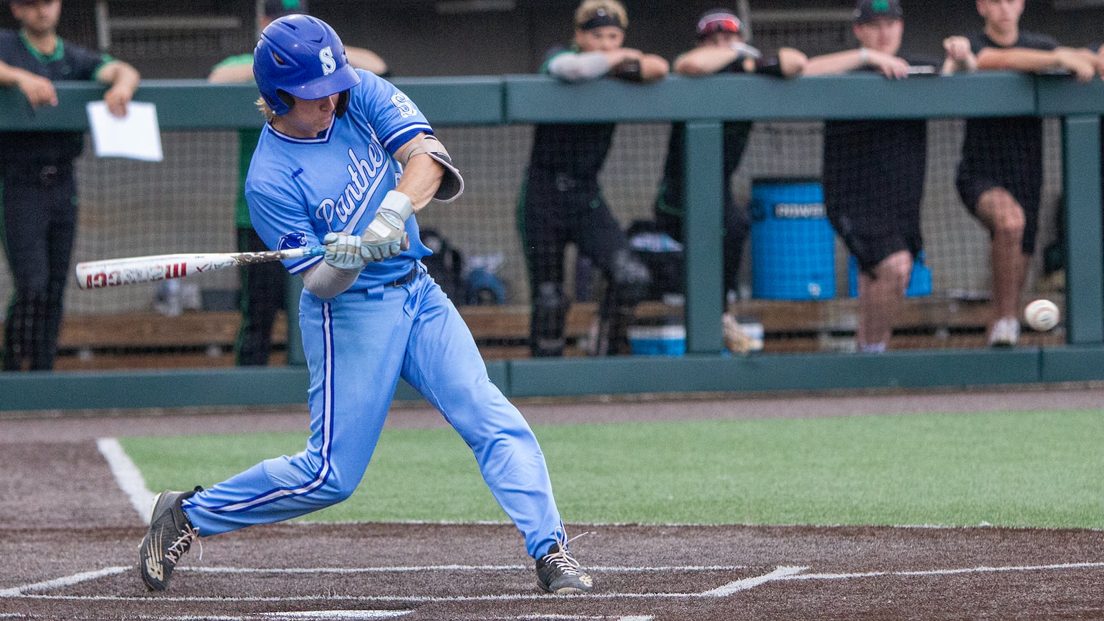 Micah Brandon singles to load the bases with the score tied 2-2 just before a two-hour weather delay during Thursday's Division I regional final. Jeff Gilbert/CONTRIBUTED