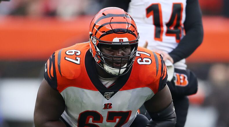 CLEVELAND, OHIO - DECEMBER 08: John Miller #67 of the Cincinnati Bengals plays against the  Cleveland Browns at FirstEnergy Stadium on December 08, 2019 in Cleveland, Ohio. (Photo by Gregory Shamus/Getty Images)