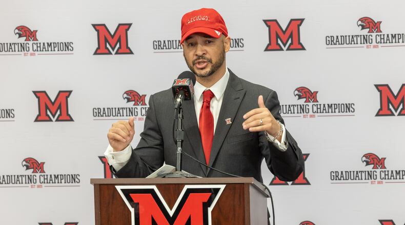 Glenn Box was introduced Tuesday as Miami University's new women's basketball coach. Miami University Athletics photo