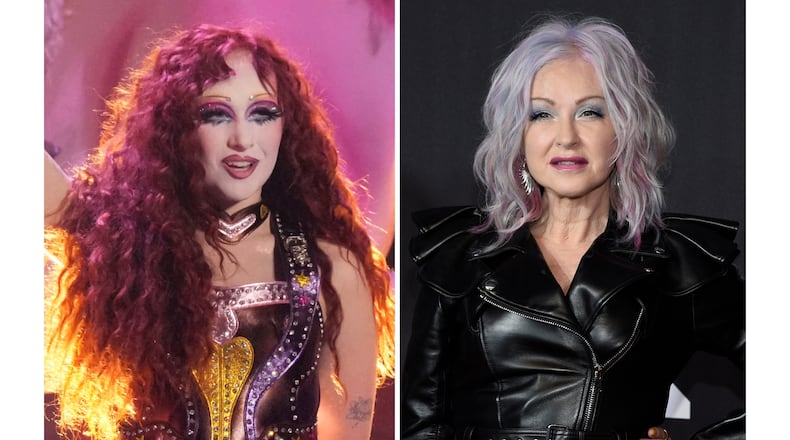 Chappell Roan appears during the 67th annual Grammy Awards in Los Angeles on Feb. 2, 2025, left, and Cyndi Lauper appears at the MTV Video Music Awards in New York on Sept. 12, 2021. (AP Photo)