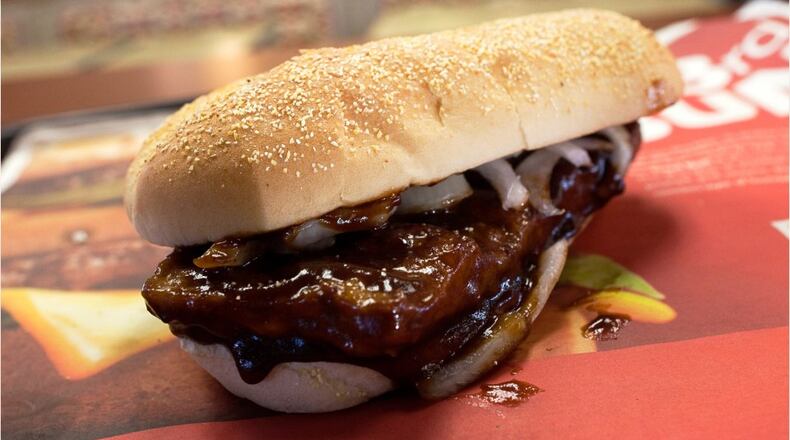 McDonald’s iconic McRib is making its return to Ohio restaurants, including the Dayton region, on Saturday, Nov. 11 for a limited time. FILE PHOTO