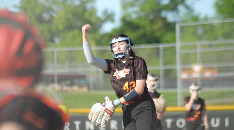 Fenwick sophomore Mackenzie Gibbons pitched a one-hitter and struck out 11 batters in the Falcons' 10-0 Division II tournament victory over Monroe on Tuesday. Chris Vogt/CONTRIBUTED