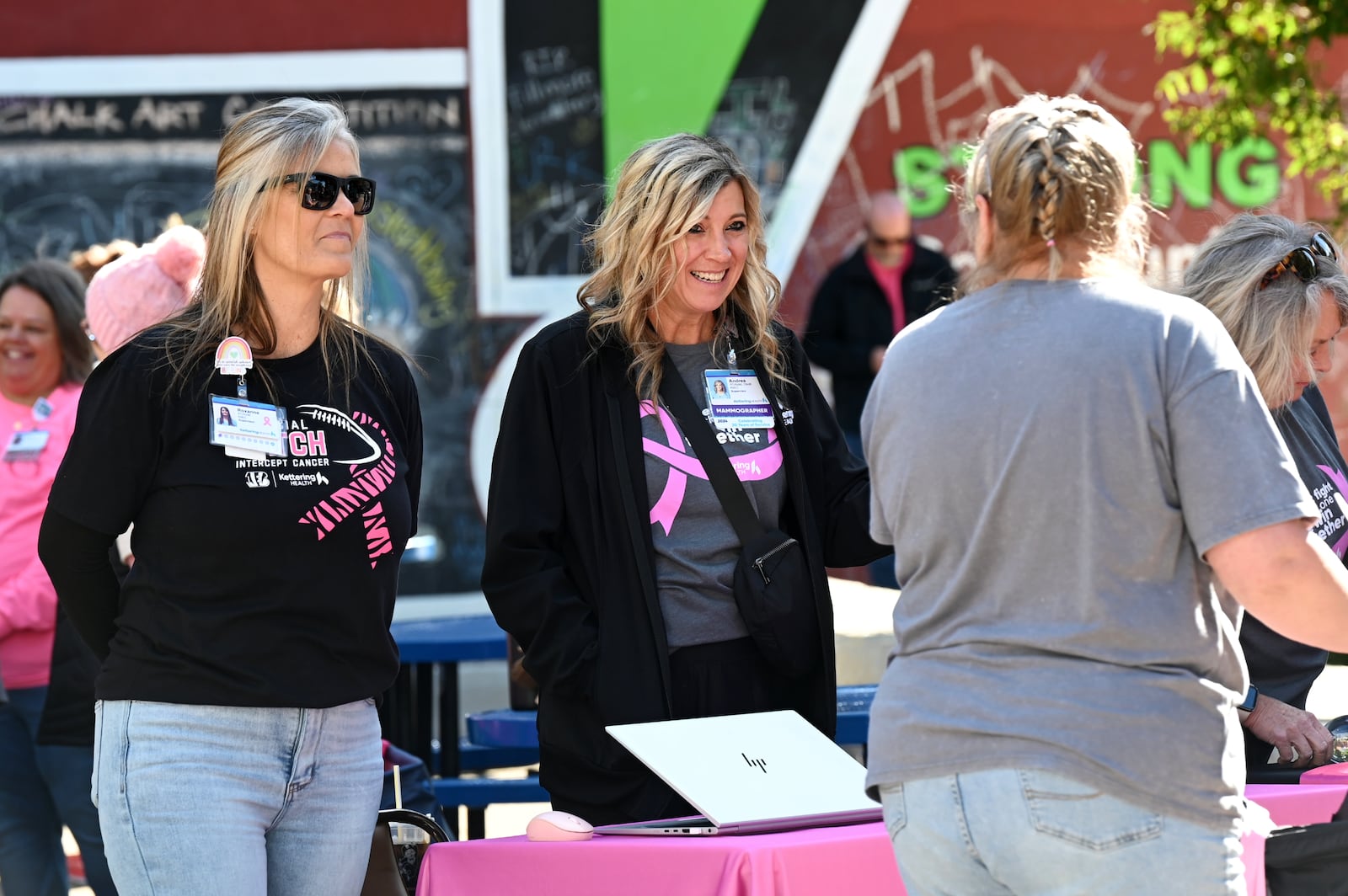 Kettering Health Hamilton hosted its annual Pink Around the Square in Hamilton event on Friday, Oct. 17, 2025, at Rotary Park in downtown. The annual awareness event provided free information and to tell women, and even men, the importance of breast cancer screenings, especially those with family histories. MICHAEL D. PITMAN/STAFF