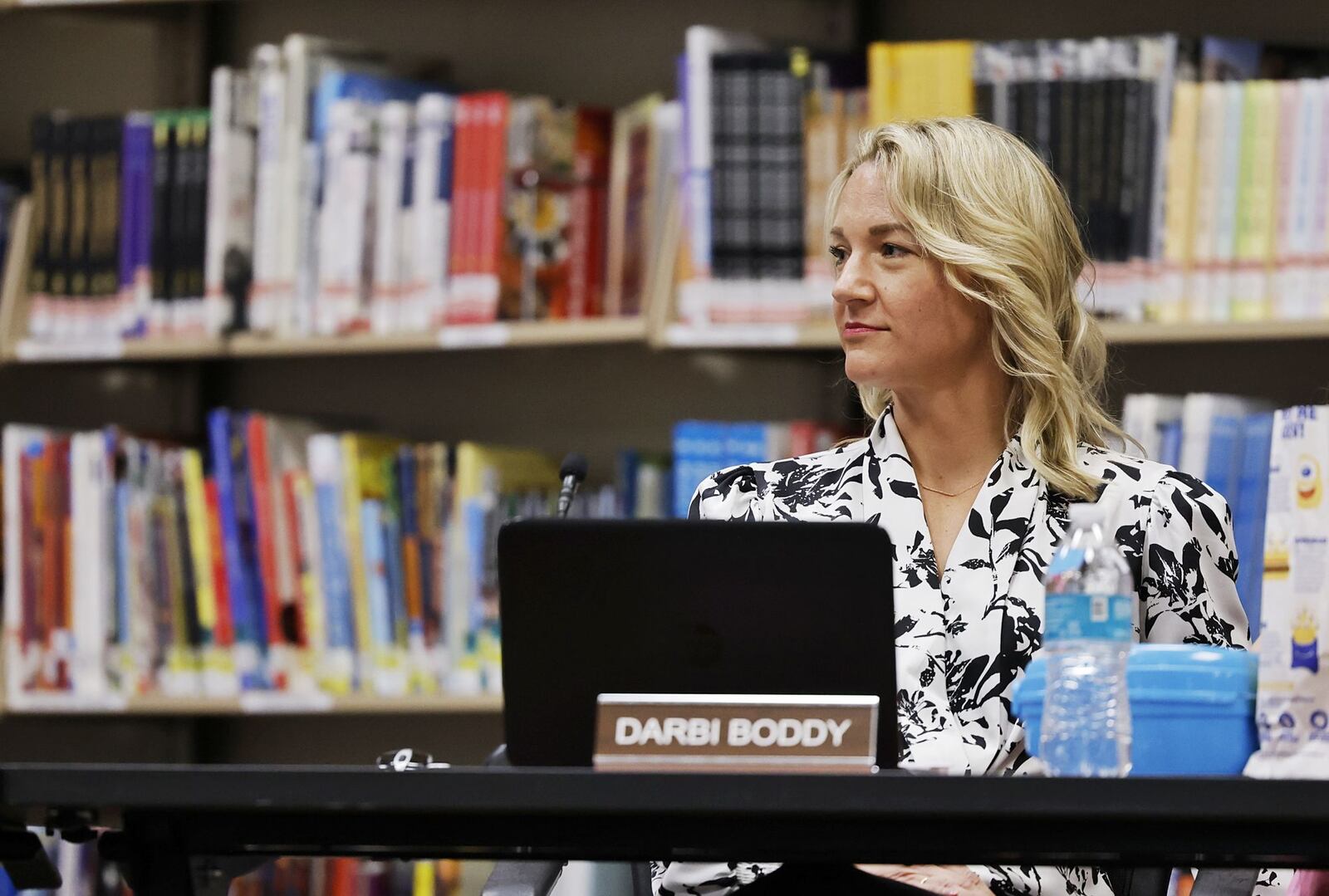 Lakota Local Schools board member Darbi Boddy attends a board meeting about recent posts she made on social media. The meeting as April 27, 2022 at Plains Junior School in Liberty Twp. NICK GRAHAM/STAFF