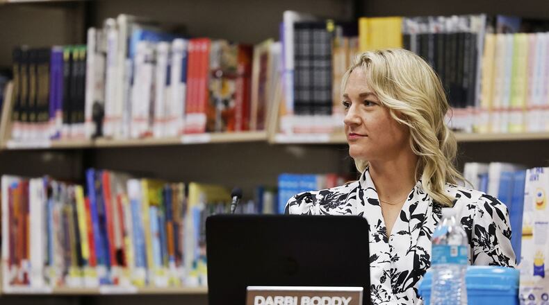 Lakota Local Schools board member Darbi Boddy attends a board meeting about recent posts she made on social media. The meeting as April 27, 2022 at Plains Junior School in Liberty Twp. NICK GRAHAM/STAFF