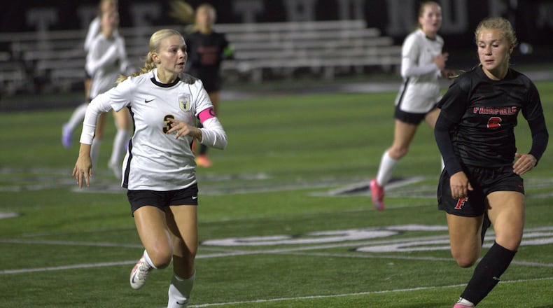 Centerville's Zoe Johnson dribbles the ball down the field during her Division I district final game against Fairfield on Thursday night at Lakota East. CHRIS VOGT / CONTRIBUTED