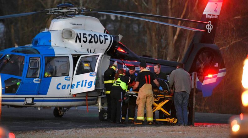 Crews work at the scene of a fatal single-vehicle crash on Hursh Road Tuesday, April 4, in Madison Twp. Eric Daniel Richmond, 24, of Hamilton, died at the scene of multiple traumatic injuries. NICK GRAHAM/STAFF