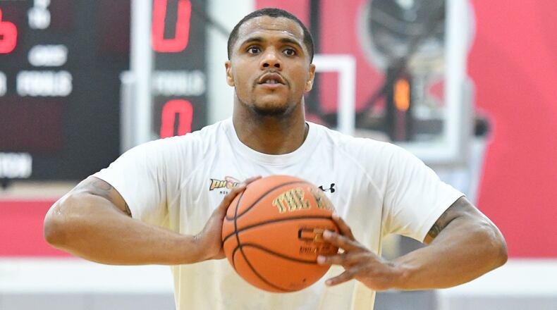 Former South High School standout Nate Miller passes during a practice with Ohio State alumni at Value City Arena in Columbus. Miller and the alumni team are participating in The Basketball Tournament. Contributed Photo by Bryant Billing