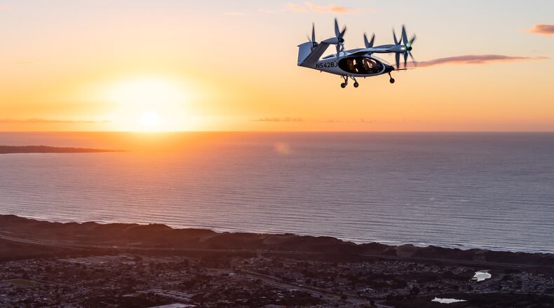 Joby’s all-electric aircraft in flight above Marina, California. Joby Aviation photo