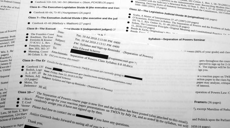 FILE - An email from July 10, 2018, with the syllabus about Supreme Court Justice Neil Gorsuch teaching an upcoming law class in Italy is photographed, July 10, 2023. An Associated Press examination of the ethics practices of the U.S. Supreme Court relied on documents obtained from more than 100 public records requests to public colleges, universities and other institutions that have hosted the justices over the past decade. (AP Photo/Jon Elswick, File)