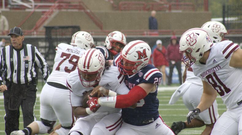 Miami linebacker Adam Trick contributed six tackles and half a sack in Miami’s win over UMass on Sept. 28. Kasey Turman/CONTRIBUTED