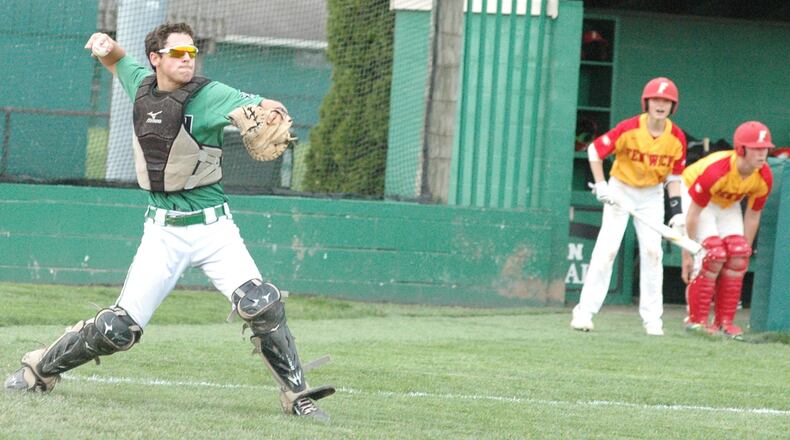 Badin catcher Dylan Ballauer winds up to make a throw during Wednesday’s Greater Catholic League Coed Division baseball game against visiting Fenwick at Alumni Field in Joyce Park. Badin won 12-2 in five innings. RICK CASSANO/STAFF