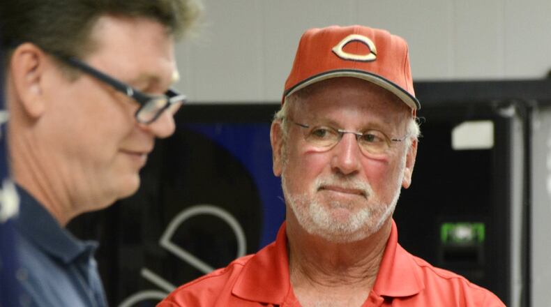 Kim Nuxhall received $9,000 from the Fairfield Optimist Club, Fairfield Community Foundation and Hamilton Community Foundation on Thursday, Sept. 26, 2019, which was also Nuxhall Night at the Optimist Club. Pictured is Nuxhall reacting to receiving the money to continue the legacy of his father, Cincinnati Reds Hall of Fame pitcher and announcer Joe Nuxhall, who died in November 2007. MICHAEL D. PITMAN/STAFF