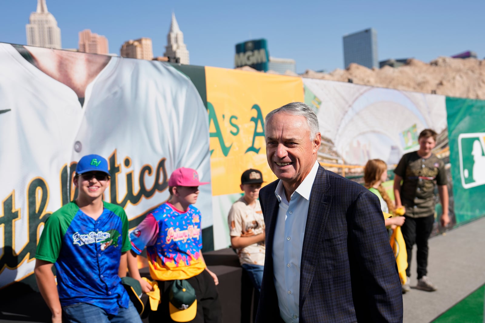 MLB Commissioner Rob Manfred arrives at a groundbreaking ceremony for the Athletics' baseball stadium Monday, June 23, 2025, in Las Vegas. (AP Photo/John Locher)