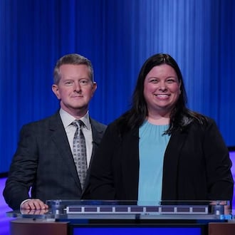 Libby Jones with "Jeopardy!" host Ken Jennings. Jones, who grew up in Springboro, will appear on the Dec. 1 episode. Photo by Tyler Golden/Sony Pictures Television