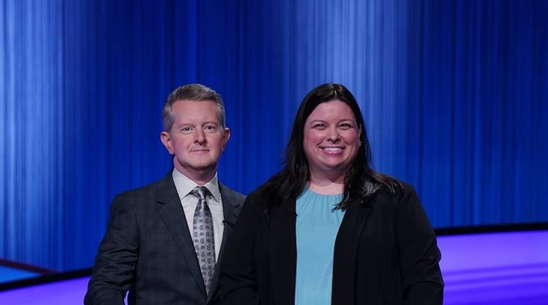 Libby Jones with "Jeopardy!" host Ken Jennings. Jones, who grew up in Springboro, will appear on the Dec. 1 episode. Photo by Tyler Golden/Sony Pictures Television