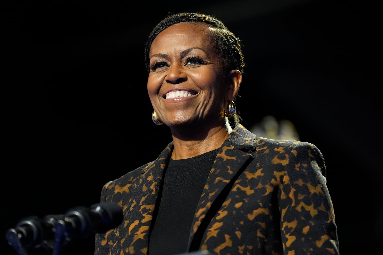 FILE - Former first lady Michelle Obama speaks at a campaign rally for democratic presidential nominee Vice President Kamala Harris in Kalamazoo, Mich., on Oct. 26, 2024. (AP Photo/Jacquelyn Martin, File)