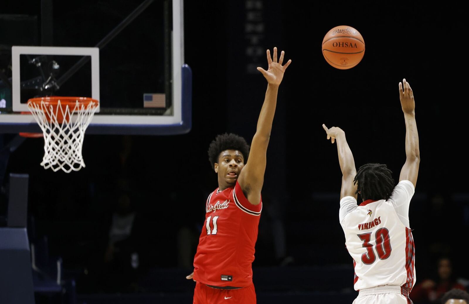 Fairfield's Aamir Rogers defends a shot by Princeton's Brendan Braddox during their Division I regional semifinal basketball game Wednesday, March 8, 2023 at Xavier University's Cintas Center. Fairfield won 51-45. NICK GRAHAM/STAFF