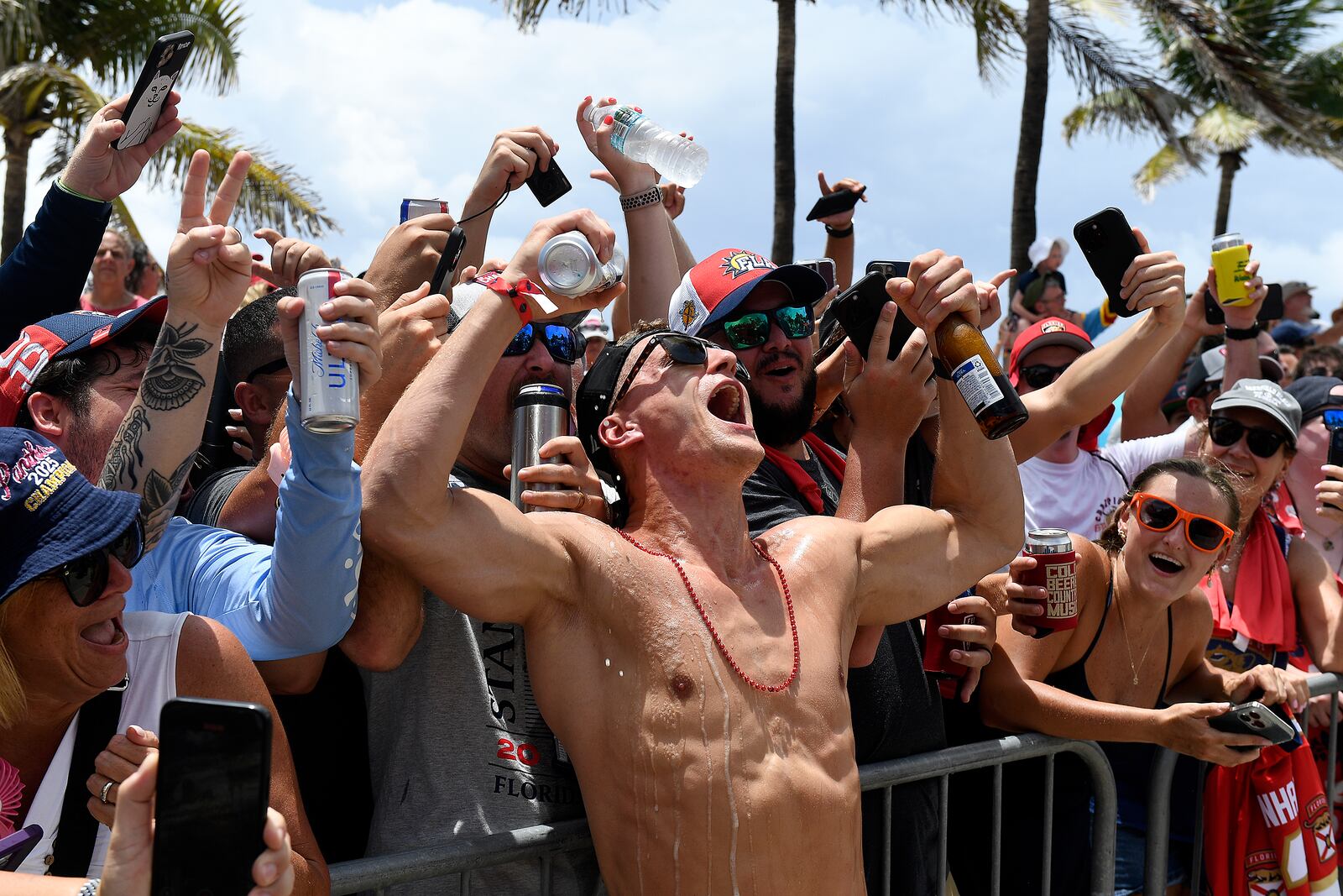 Florida Panthers' Nico Sturm celebrates with fans during the NHL hockey team's Stanley Cup championship celebration, Sunday, June 22, 2022, in Fort Lauderdale, Fla. (AP Photo/Michael Laughlin)