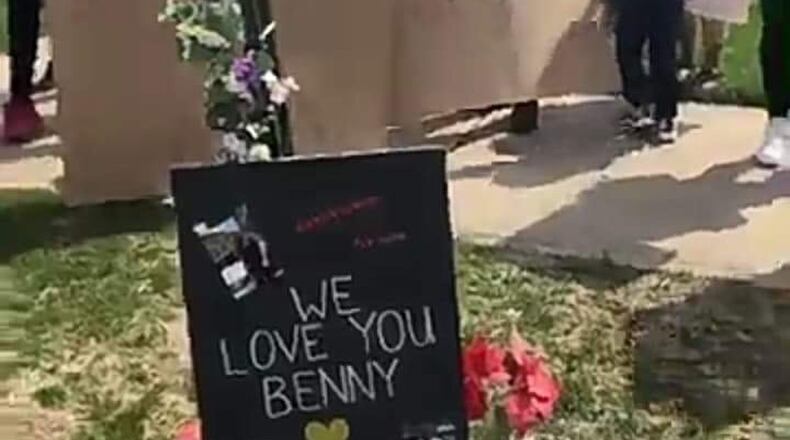 Signs from the march on Saturday, April 6 at the memorial to Benny Barefield on the corner of Yankee Road and Ninth Avenue. Barefield was shot and killed in December 2018 while sitting in his care at the intersection. SUBMITTED