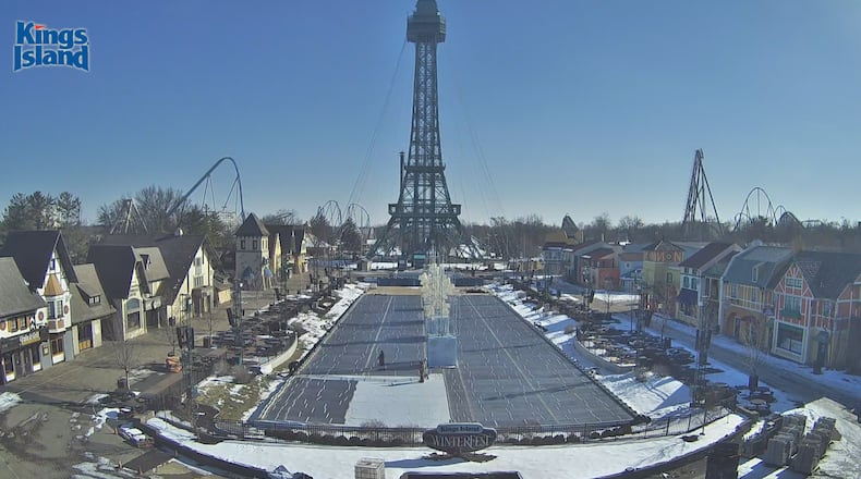 A camera streams what’s happening on Kings Island’s International Street and faces its fountains and the iconic replica Eiffel Tower. CONTRIBUTED