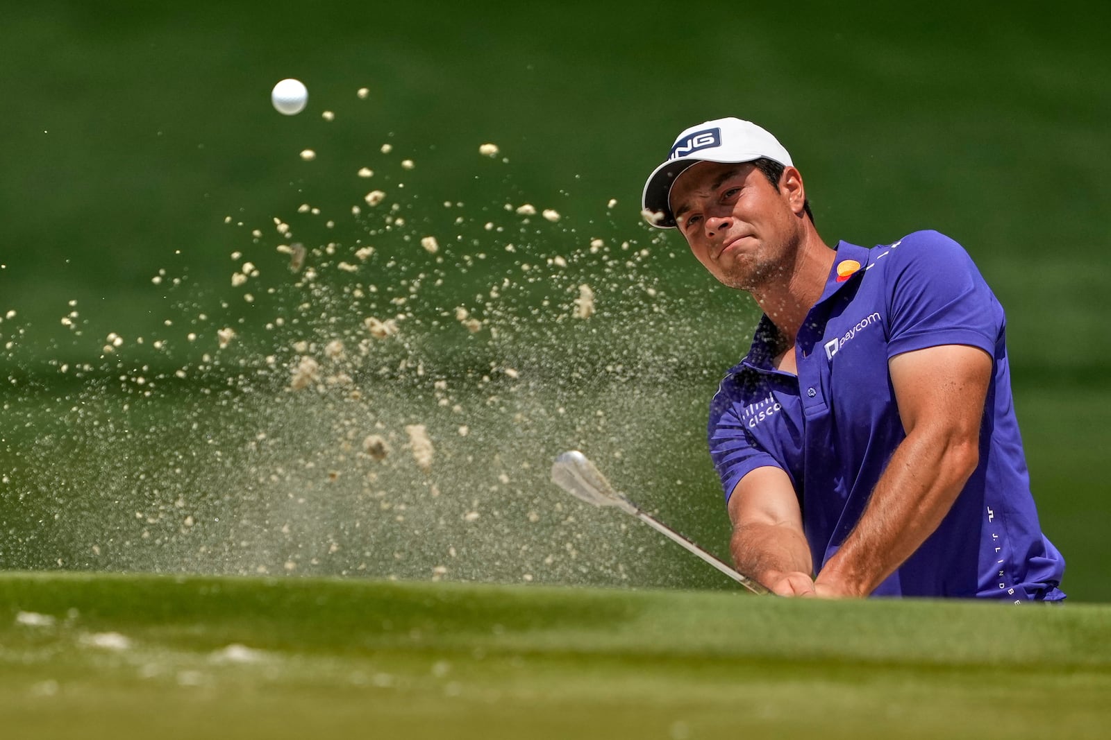 Victor Perez, of France, hits from the bunker on the fourth hole during the third round of the PGA Championship golf tournament at the Quail Hollow Club, Saturday, May 17, 2025, in Charlotte, N.C. (AP Photo/Matt York)