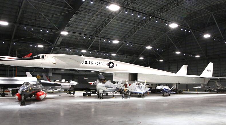 The 183-foot-long North American XB-70 Valkyrie towers over other X-planes in the fourth building of the National Museum of the U.S. Air Force. Aircraft from the Presidential, Research and Development, Space and Global Reach Galleries are inside the hangar. TY GREENLEES / STAFF
