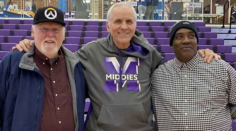 Three Middletown High School players who were named Players of the Year in Ohio recently toured the new Wade E. Miller Gym. From left, John Fraley, Jerry Lucas and Archie Aldridge. SUBMITTED PHOTO