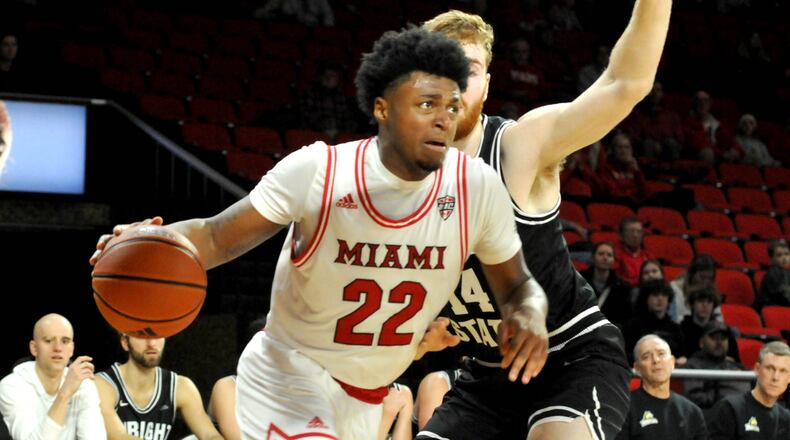 Miami's Morgan Safford against Wright State earlier this season. Safford scored 19 points Thursday in Miami's win over Saint Mary-of-the-Woods College. DAVID A. MOODIE/CONTRIBUTING PHOTOGRAPHER