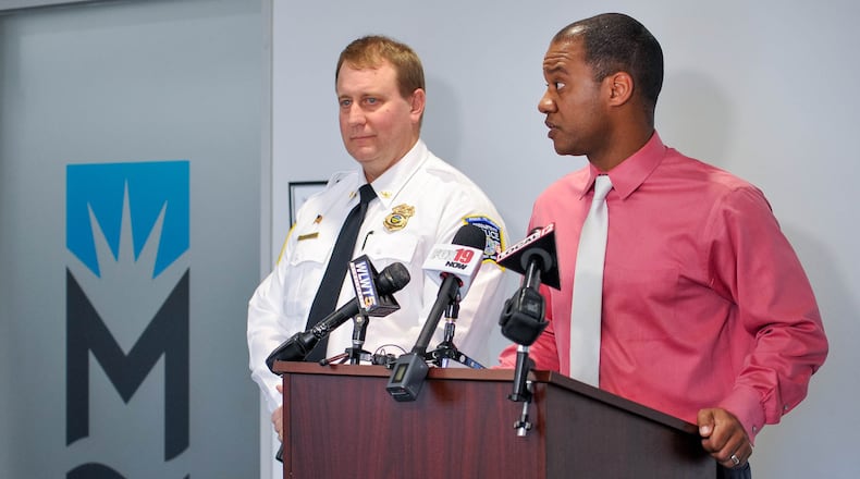 Middletown police chief David Birk, left, and Middletown City Schools superintendent Marlon Styles address the media during a press conference Wednesday, March 4, 2020. A female Middletown Middle School student confessed to sending a text message that included a threat and caused lockdowns at all Middletown schools and two Lakota Schools buildings Wednesday, March 4, 2020, according to chief Birk. The text was received by the Middletown wellness center on the high school campus at 7:40 a.m. today, Chief Birk and schools Superintendent Marlon Styles said at a news conference. All Middletown schools were put on lockdown during the investigation, and officers located the student and the phone from which the text was sent. The student confessed, Birk said. NICK GRAHAM / STAFF