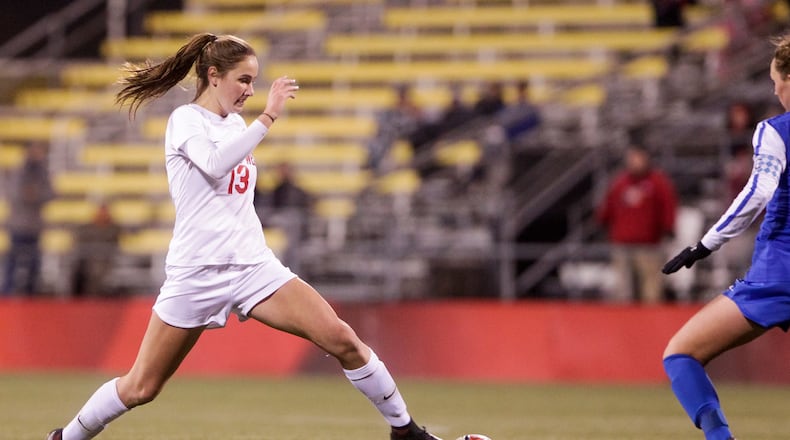 Lakota West’s Kailyn Dudukovich dribbles the ball during their Division I State championship soccer game against Anthony Wayne Saturday, Nov. 9, 2019 at MAPFRE Stadium in Columbus. Dudukovich scored both of Lakota West’s goals. NICK GRAHAM/STAFF